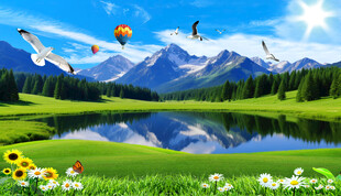 雪山下的草原湖泊