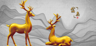 金色双鹿图梅花鹿