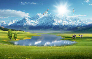 大草原雪山背景图壁纸