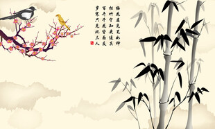 水墨竹梅图 飞鸟添雅韵