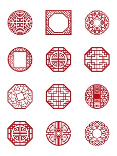 矢量手绘中式窗棂窗花边框元素