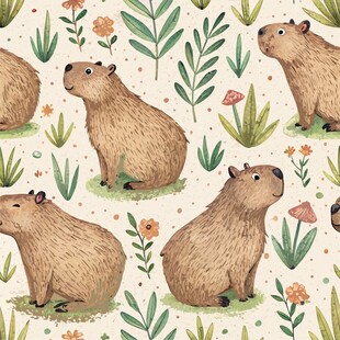 水豚卡皮巴拉与植物的插画图案