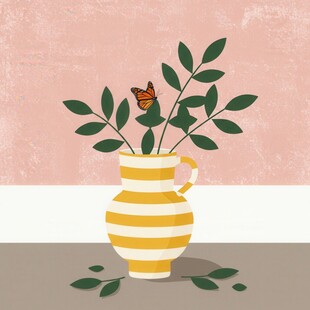 条纹花瓶中的绿植与蝴蝶