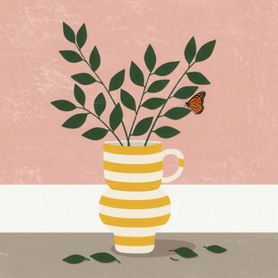 条纹杯中的绿植与蝴蝶