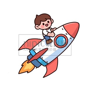 卡通小男孩乘坐火箭