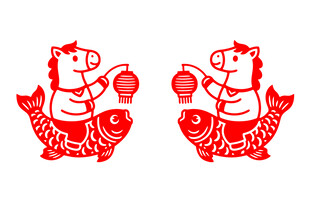 矢量剪纸风格马年与鱼喜庆图案
