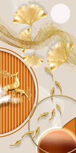 九鱼麋鹿银杏叶画