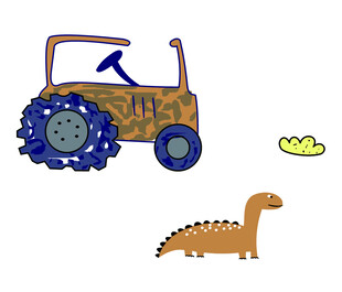 恐龙旁的复古卡通拖拉机