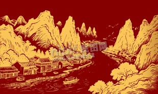 古风河流山川村庄手绘背景