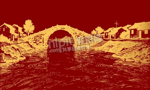 矢量门前小溪河流村子背景