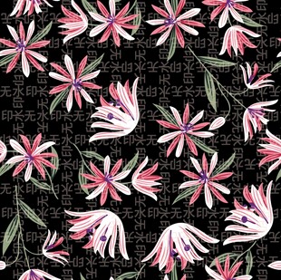 黑色底粉色花卉图案