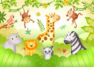 水彩可爱动物卡通丛林儿童背景墙