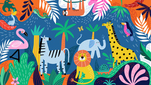 手绘动物世界卡通森林儿童背景墙