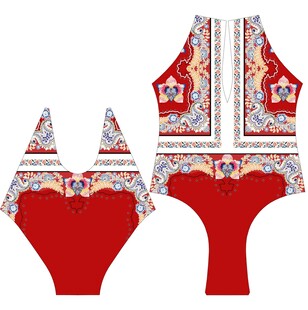 复古花纹红色泳衣套装