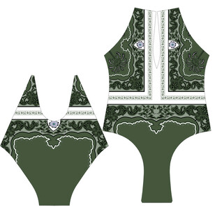 复古花纹绿色连体泳衣设计