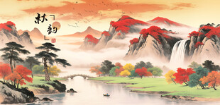 秋日山水国画美景