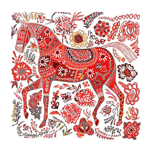 手绘花卉装饰的精美骏马图