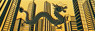 金色飞龙穿梭于城市楼宇间