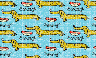 蓝色背景上的卡通热狗图案