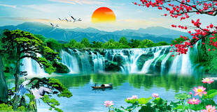 流水生财瀑布山水风景画