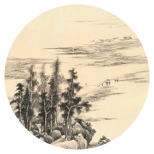 新中式水墨山水圆形装饰画