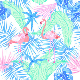 火烈鸟与热带植物图案数码印花