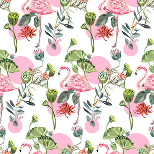 粉色火烈鸟花卉图案背景数码印花
