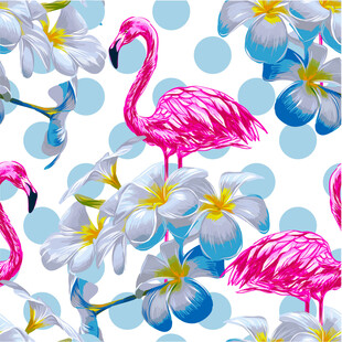 火烈鸟与花卉的清新图案数码印花