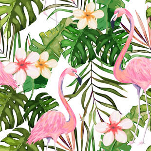 火烈鸟与热带植物图案数码印花