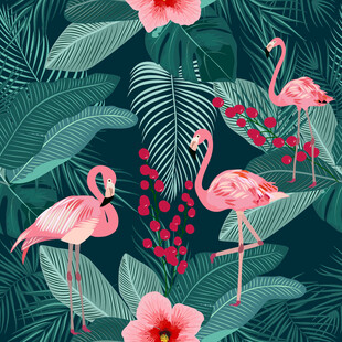 火烈鸟与花卉的热带风情数码印花