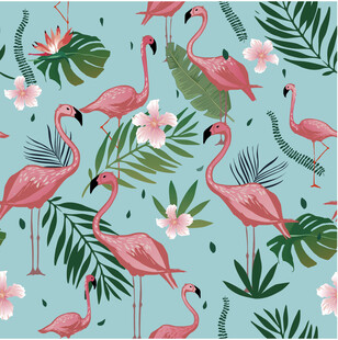 火烈鸟与植物的梦幻图案数码印花