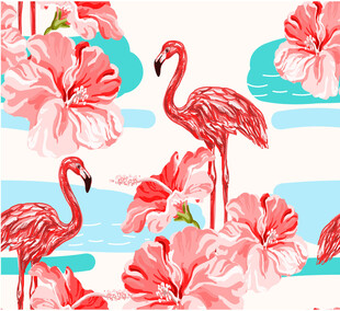 火烈鸟与花卉的清新图案数码印花