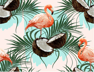 火烈鸟与椰树热带风情图案数码印