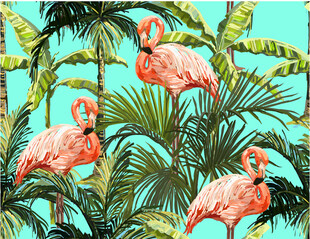 热带风情中的火烈鸟与棕榈数码印
