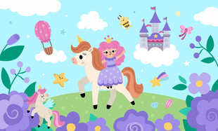 卡通城堡可爱独角兽花朵背景墙