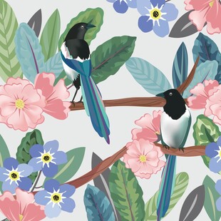 花鸟绘景双鹊栖于繁花间数码印花