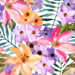 水彩花卉与绿叶图案设计