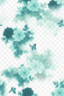 清新蓝绿花卉蝴蝶图案
