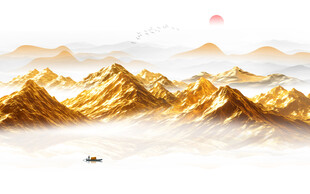 日本画　山水画　金箔背景 新中式金色山水画金箔背景墙素材-新中式金色山水画金箔背景墙