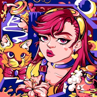 梦幻卡通少女与萌猫奇幻插画