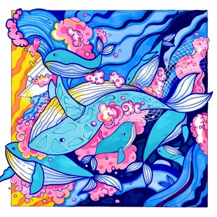 梦幻海洋生物鲸鱼插画