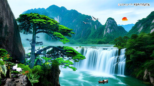 迎客松山水画瀑布