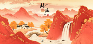 秋日山间红韵瀑布美景