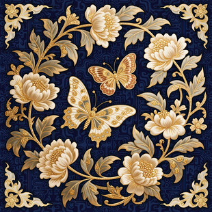 金色花卉蝴蝶刺绣图案