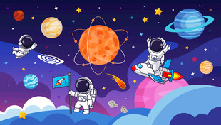 卡通宇航员外太空星球宇宙背景墙
