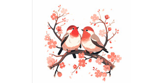 枝头双鸟栖于烂漫花枝间