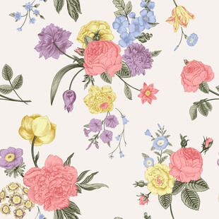 花卉图案缤纷花朵与绿叶四方连续