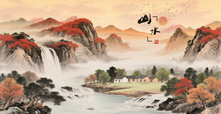 山水秋色国画风景图