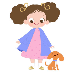 卡通风儿童遛狗女孩教育插画