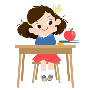 坐在课桌前托腮听课的女孩插画